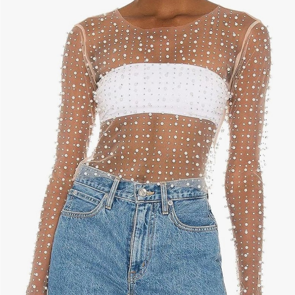 Sheer Pearl Embellished Top - White and Tan